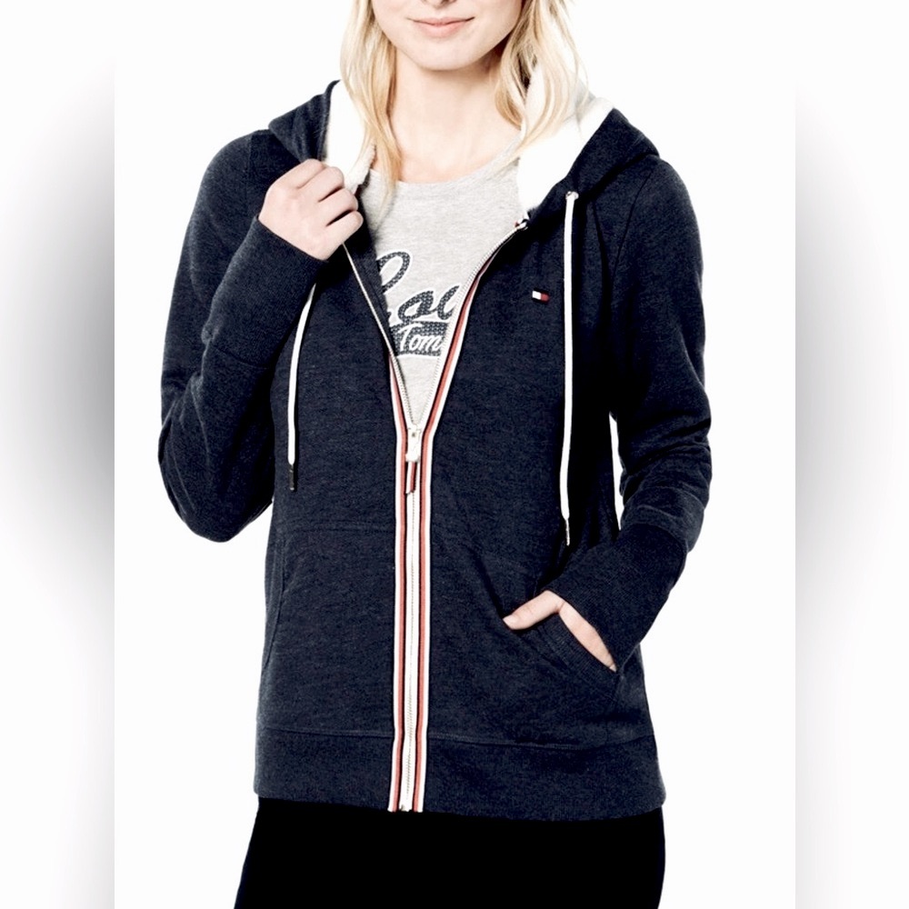 Tommy Hilfiger SMALL French Terry Black Full Zip Hoodie Ribbon Accent EUC